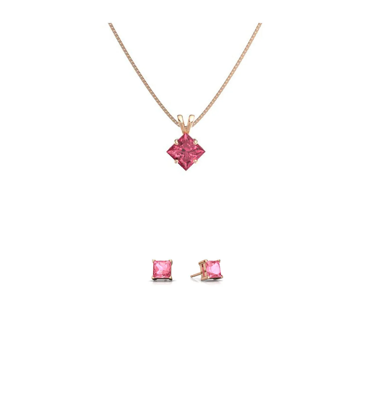 18K Rose Gold 1ct Pink sapphire Square 18 Inch Necklace and Earrings Set Plated