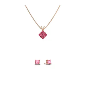 18K Rose Gold 1ct Pink sapphire Square 18 Inch Necklace and Earrings Set Plated