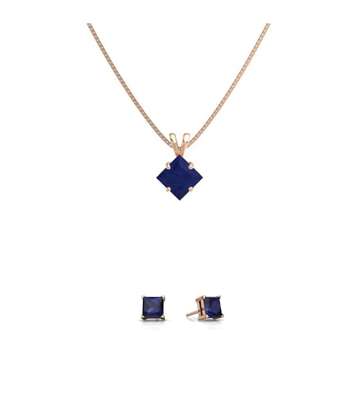 18K Rose Gold 2ct Blue Sapphire Square 18 Inch Necklace and Earrings Set Plated