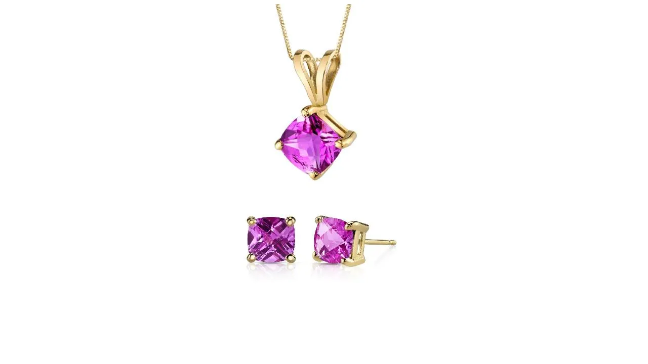 18K Yellow Gold 1ct Pink sapphire Square 18 Inch Necklace and Earrings Set Plated