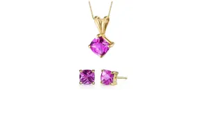 18K Yellow Gold 1ct Pink sapphire Square 18 Inch Necklace and Earrings Set Plated