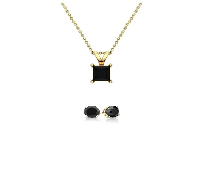 18K Yellow Gold 2ct Black Sapphire Princess Cut 18 Inch Necklace and Round Earrings Set Plated