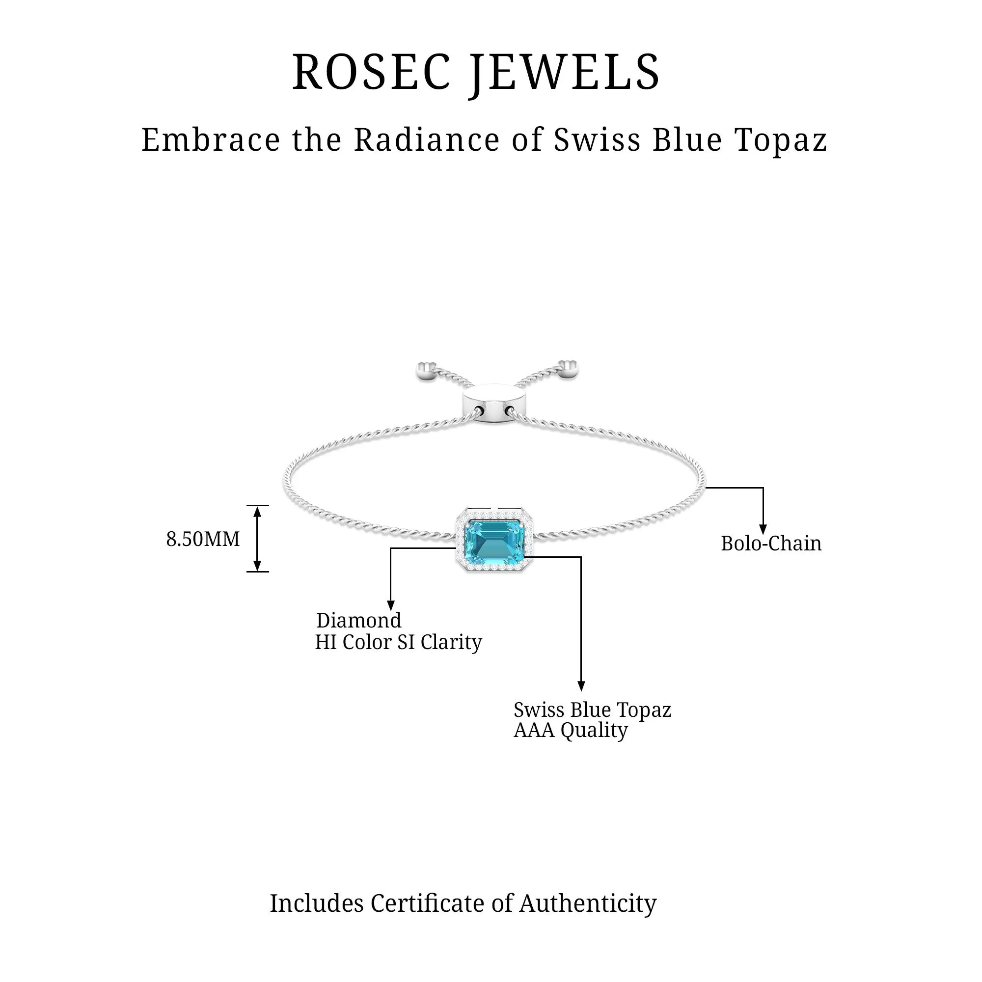 2 CT Octagon Cut Swiss Blue Topaz and Diamond Bolo Chain Bracelet