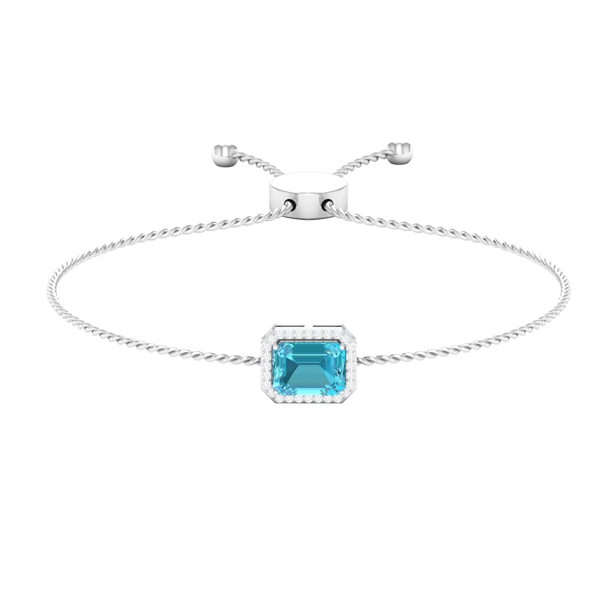 2 CT Octagon Cut Swiss Blue Topaz and Diamond Bolo Chain Bracelet