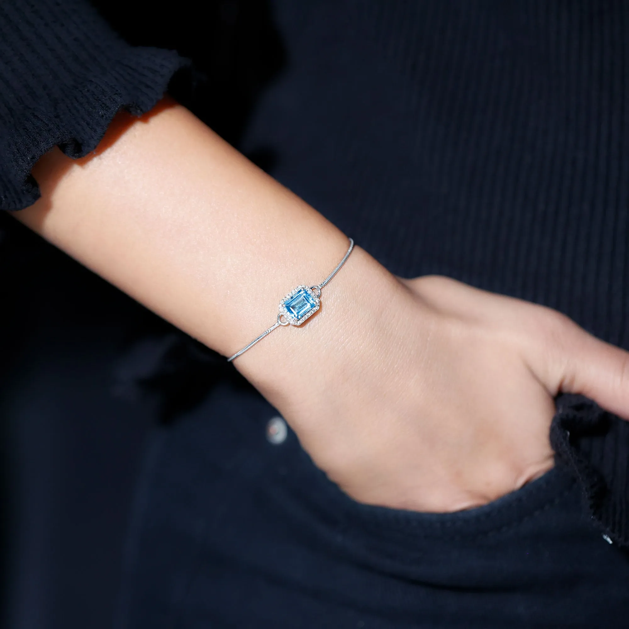 2 CT Octagon Cut Swiss Blue Topaz and Diamond Bolo Chain Bracelet