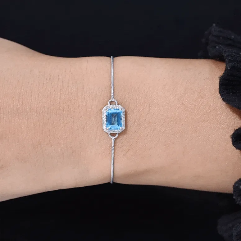 2 CT Octagon Cut Swiss Blue Topaz and Diamond Bolo Chain Bracelet