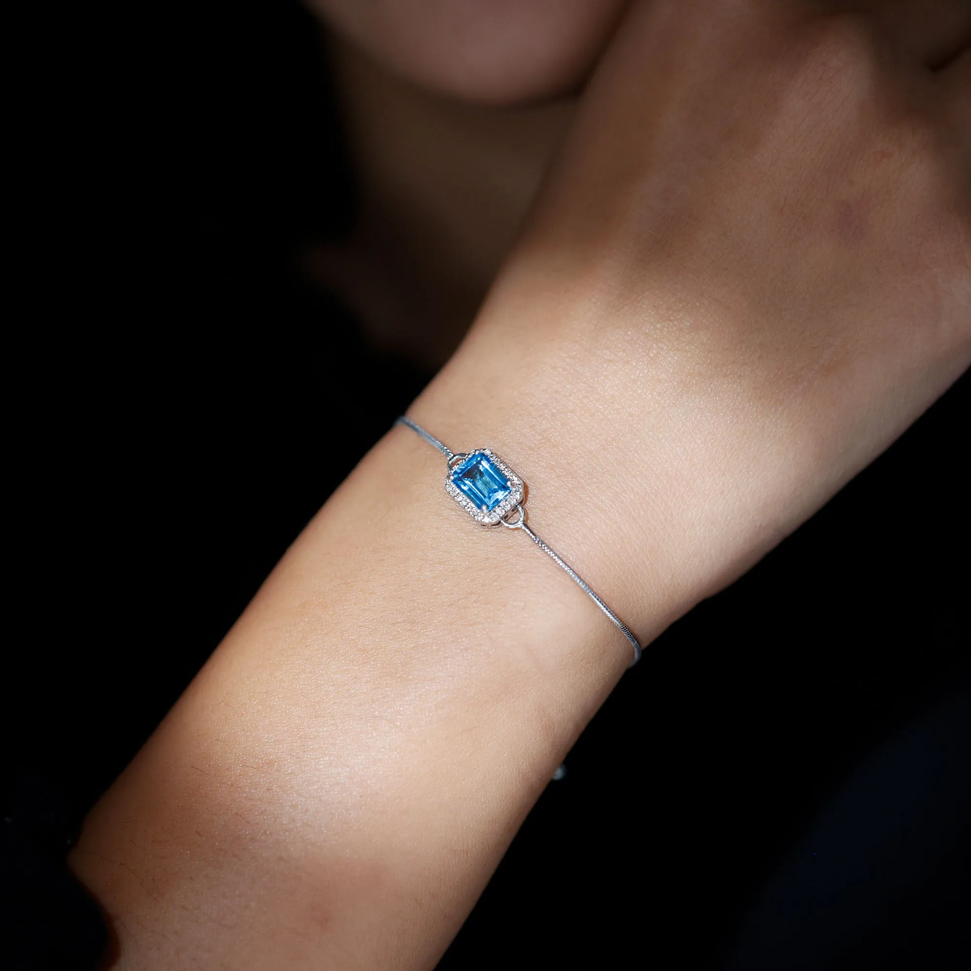 2 CT Octagon Cut Swiss Blue Topaz and Diamond Bolo Chain Bracelet