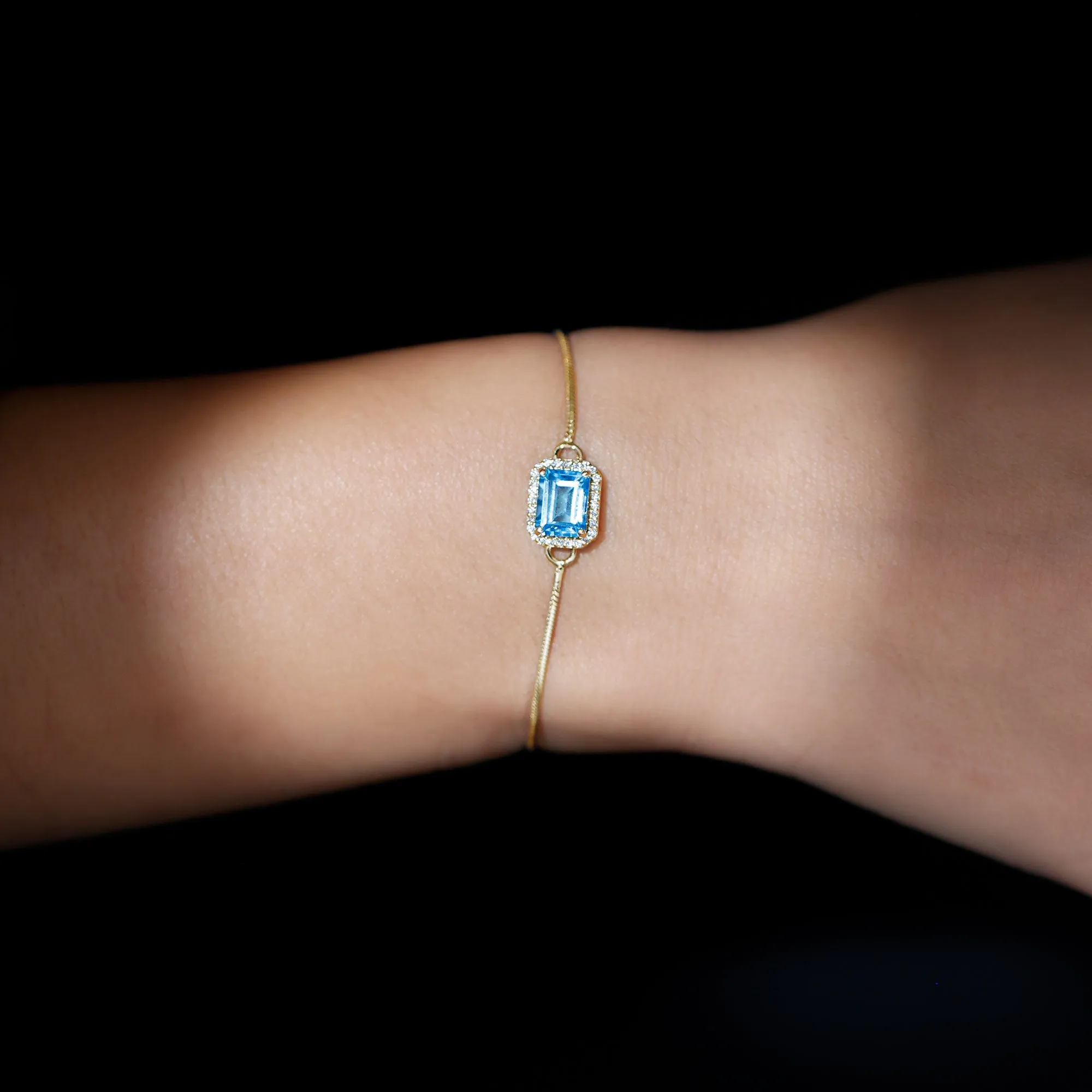 2 CT Octagon Cut Swiss Blue Topaz and Diamond Bolo Chain Bracelet