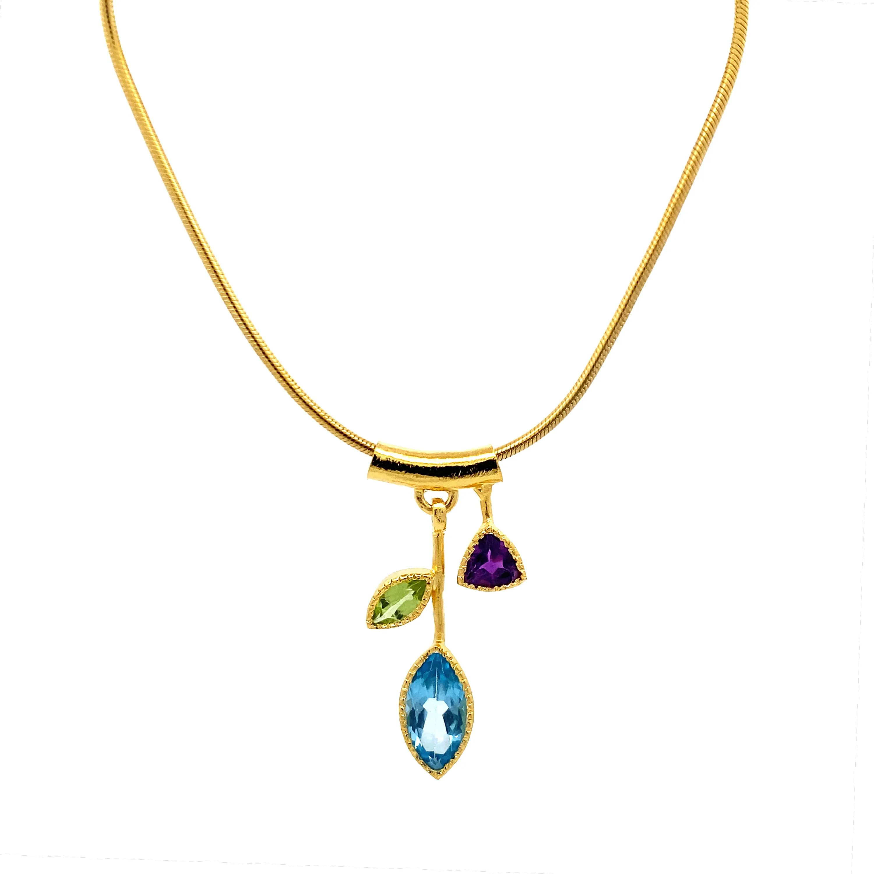 3 Stone Petal Pendant Blue Topaz - Gold