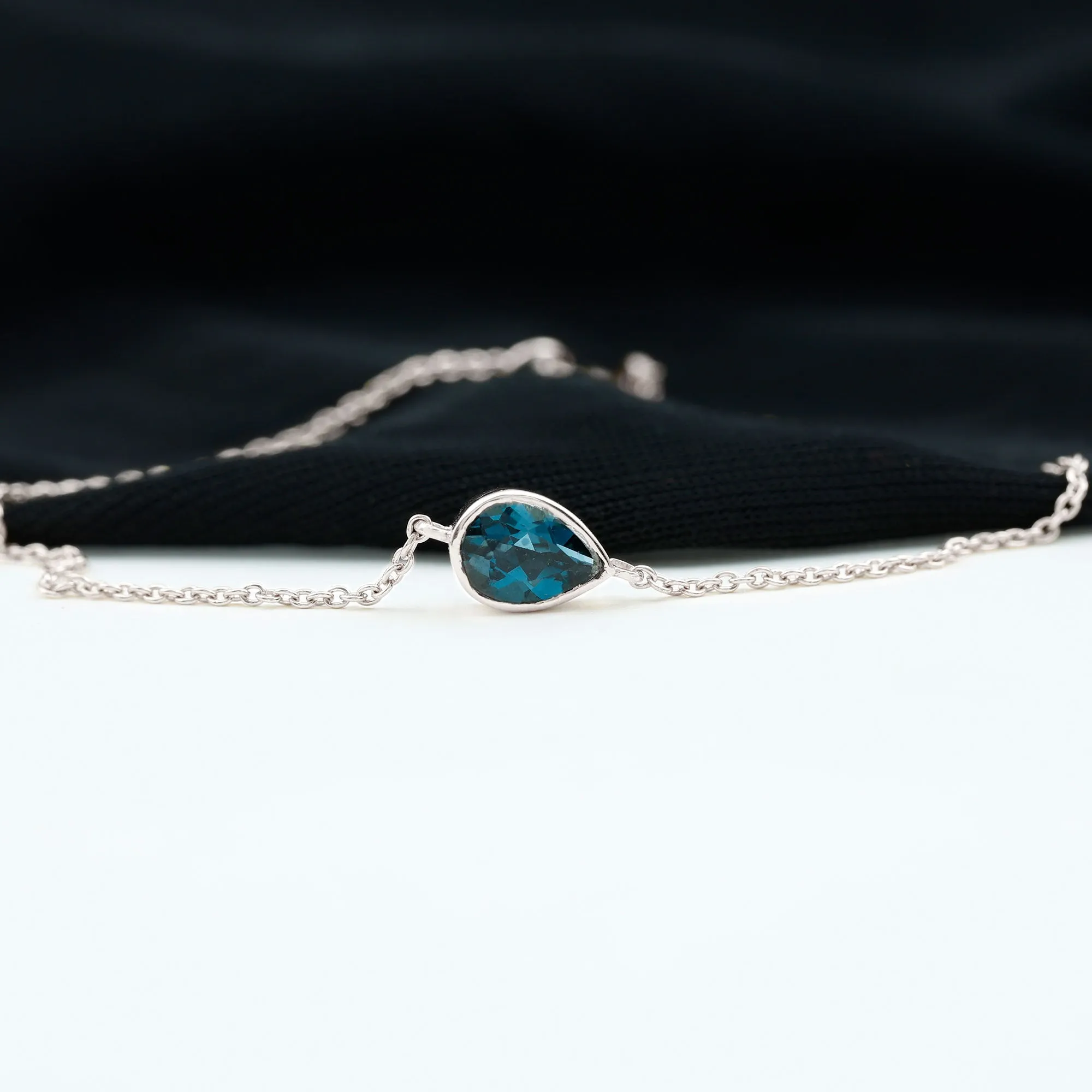 3/4 CT Pear Cut London Blue Topaz Solitaire Gold Chain Bracelet