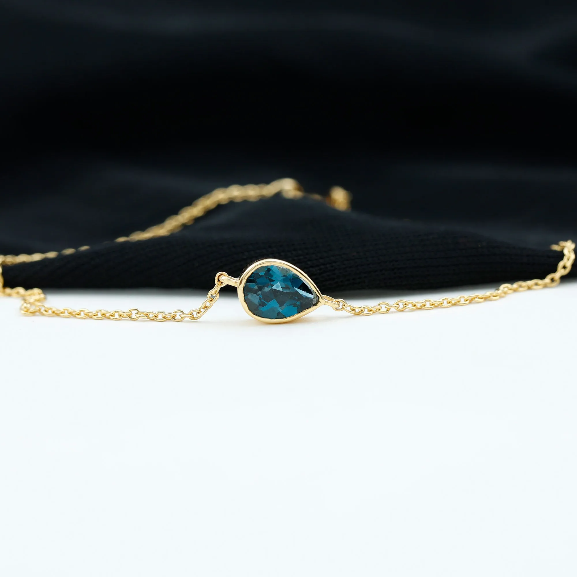 3/4 CT Pear Cut London Blue Topaz Solitaire Gold Chain Bracelet