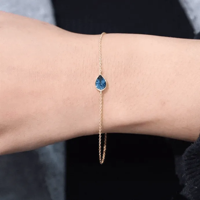 3/4 CT Pear Cut London Blue Topaz Solitaire Gold Chain Bracelet
