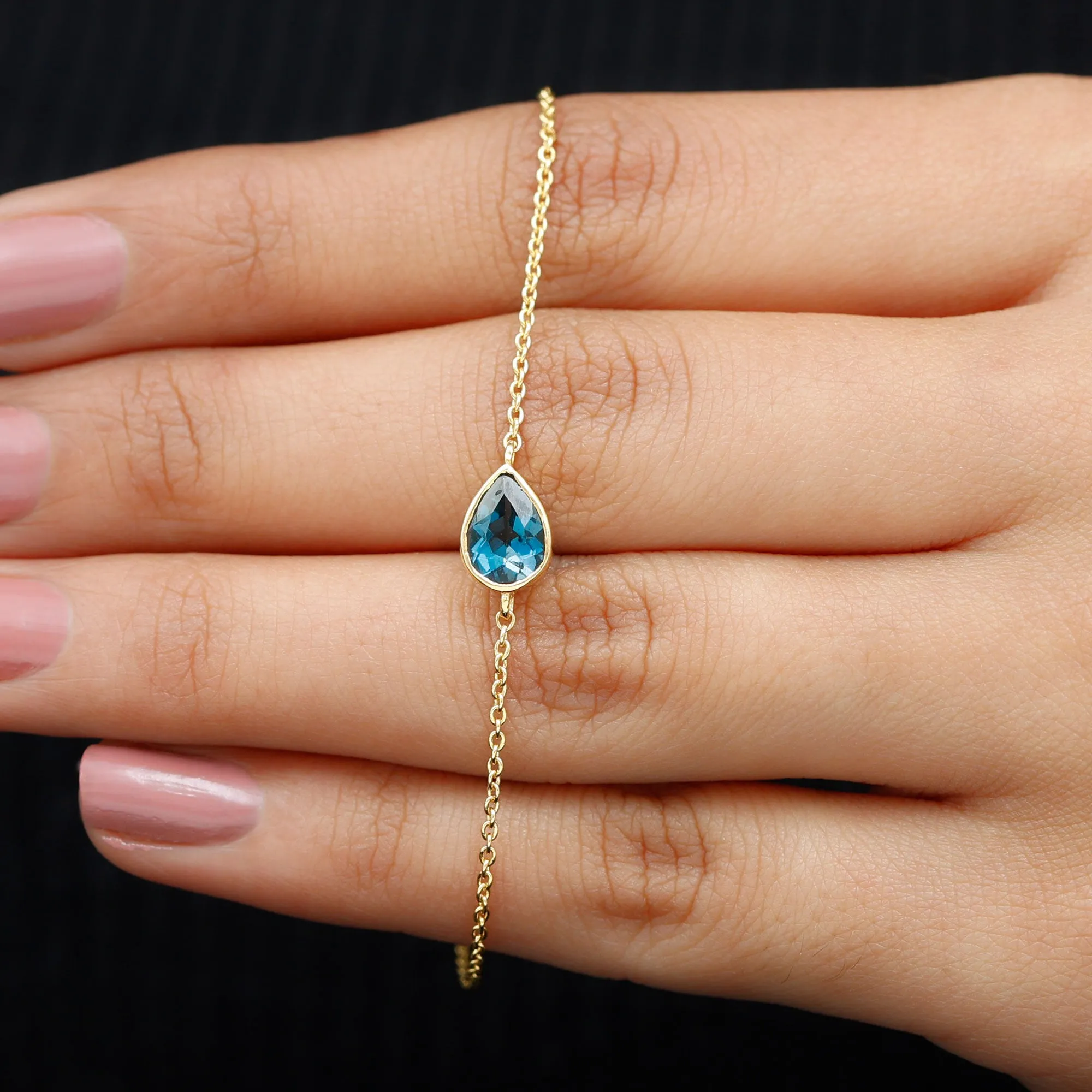 3/4 CT Pear Cut London Blue Topaz Solitaire Gold Chain Bracelet