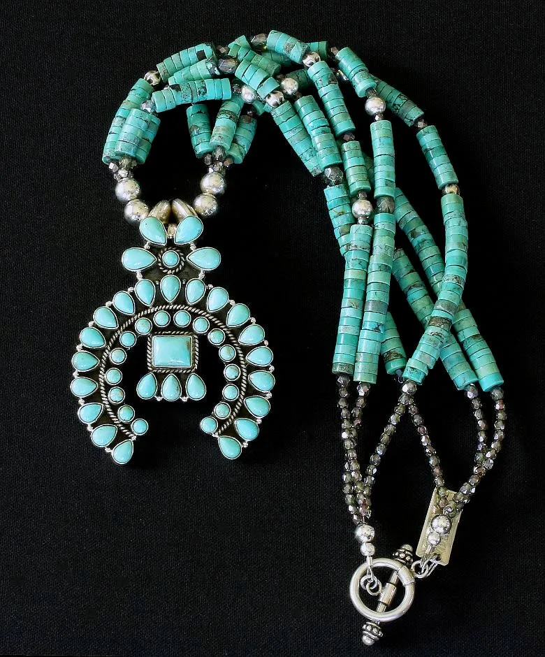 44-Stone Turquoise and Sterling Silver Naja Pendant with 3 Strands of Turquoise Heishi, Fire Polished Glass, and Sterling Silver Beads & Toggle Clasp