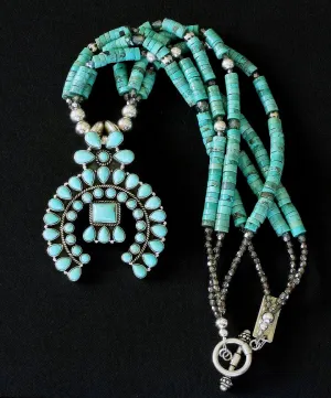 44-Stone Turquoise and Sterling Silver Naja Pendant with 3 Strands of Turquoise Heishi, Fire Polished Glass, and Sterling Silver Beads & Toggle Clasp