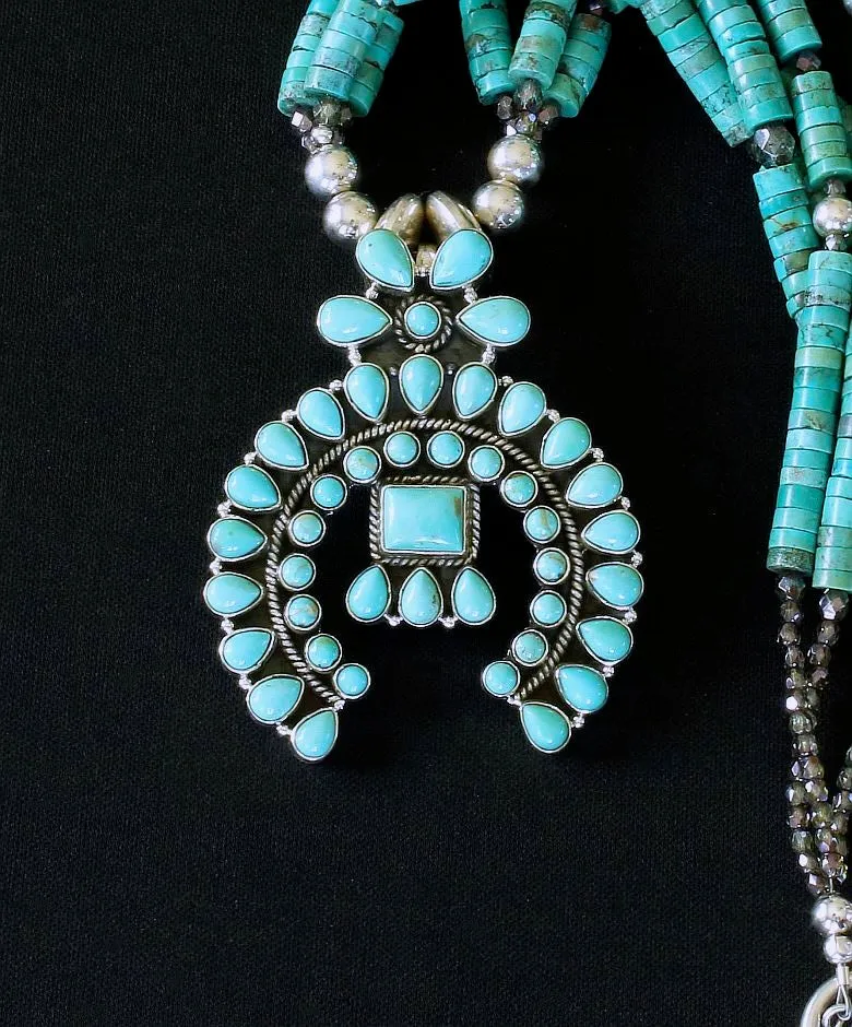 44-Stone Turquoise and Sterling Silver Naja Pendant with 3 Strands of Turquoise Heishi, Fire Polished Glass, and Sterling Silver Beads & Toggle Clasp