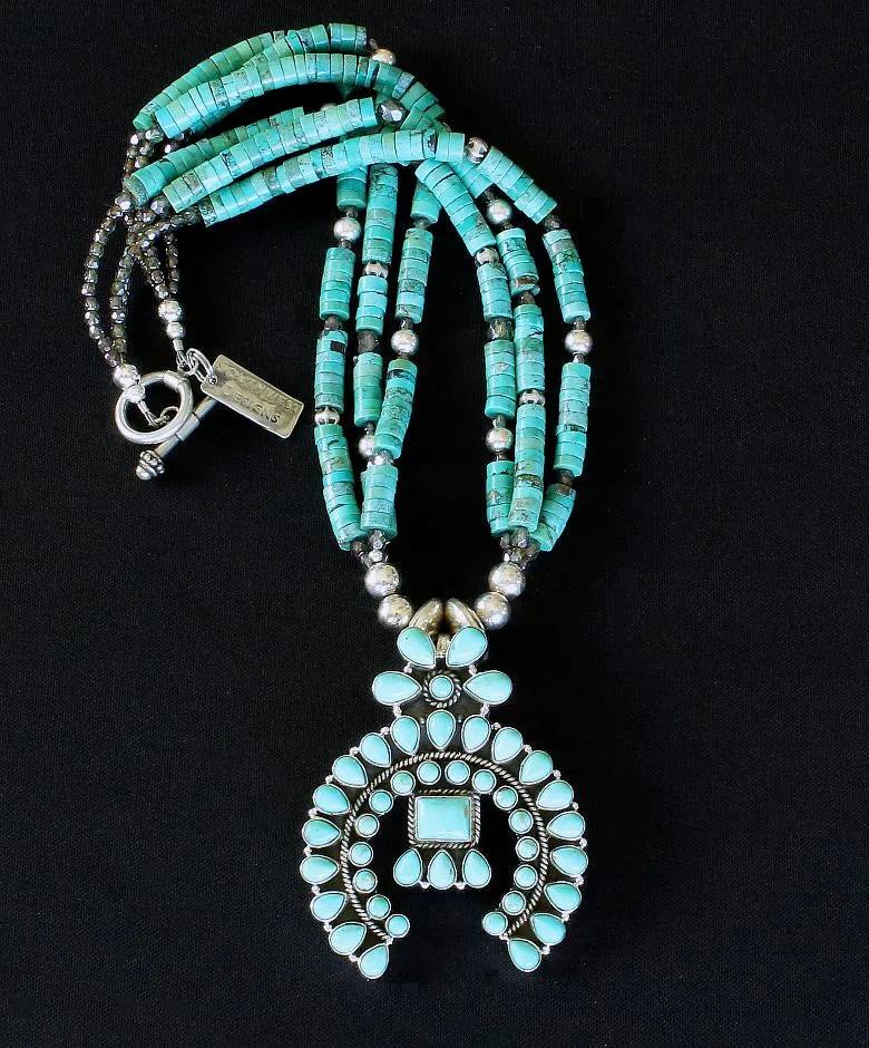 44-Stone Turquoise and Sterling Silver Naja Pendant with 3 Strands of Turquoise Heishi, Fire Polished Glass, and Sterling Silver Beads & Toggle Clasp