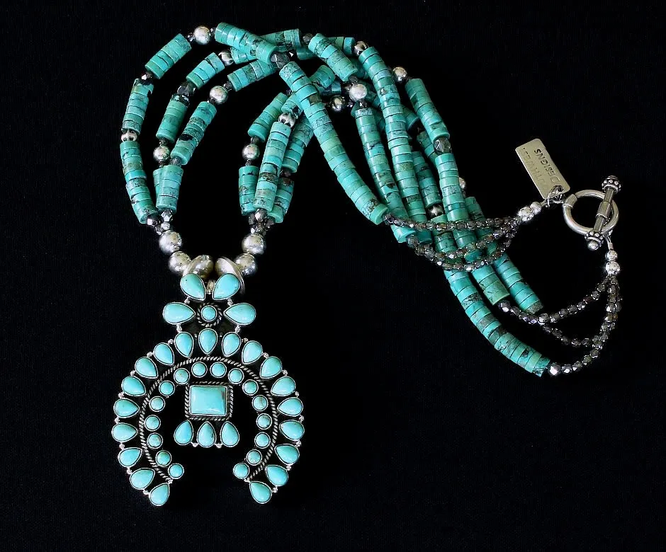 44-Stone Turquoise and Sterling Silver Naja Pendant with 3 Strands of Turquoise Heishi, Fire Polished Glass, and Sterling Silver Beads & Toggle Clasp
