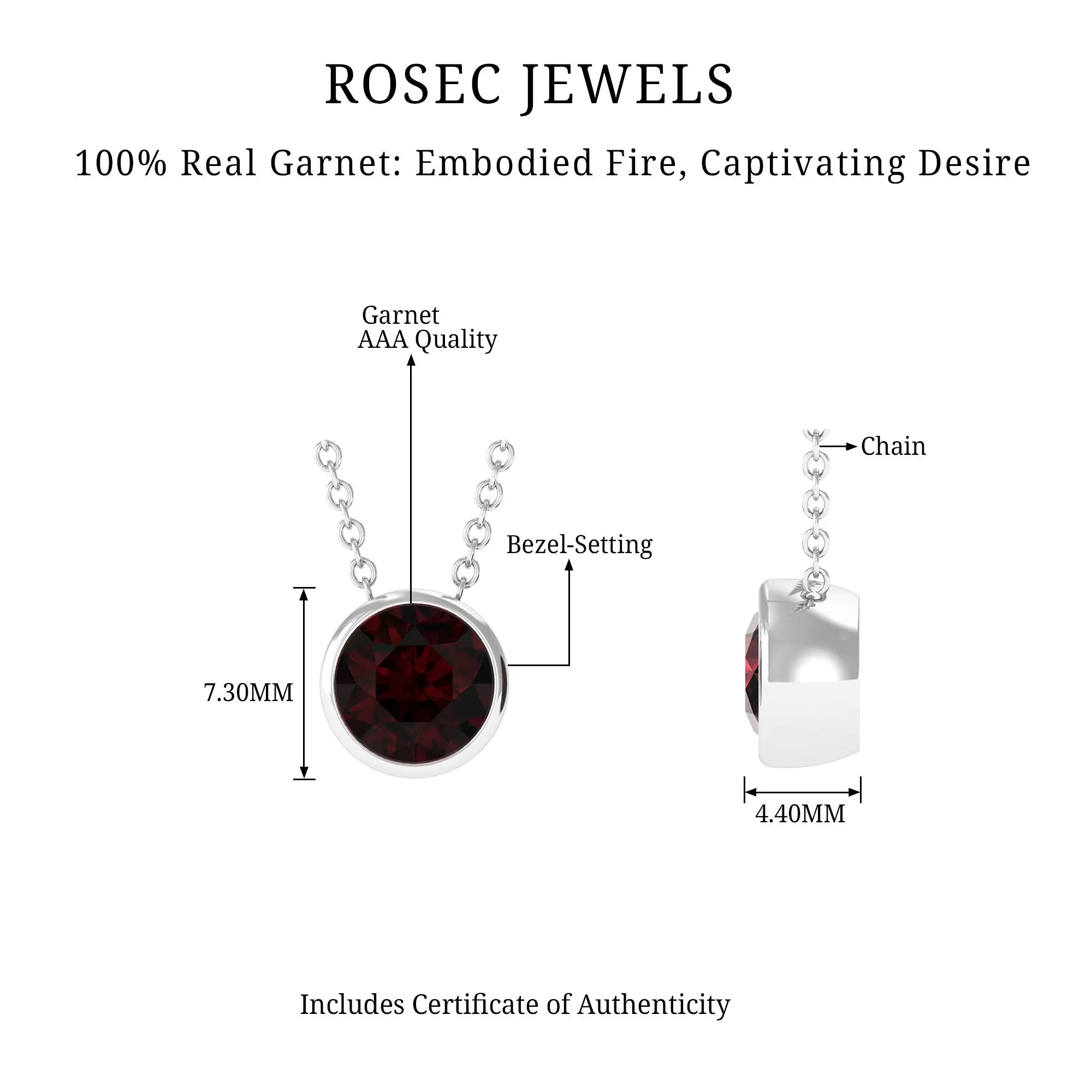 7 MM Simple Gold Solitaire Pendant Necklace with Garnet