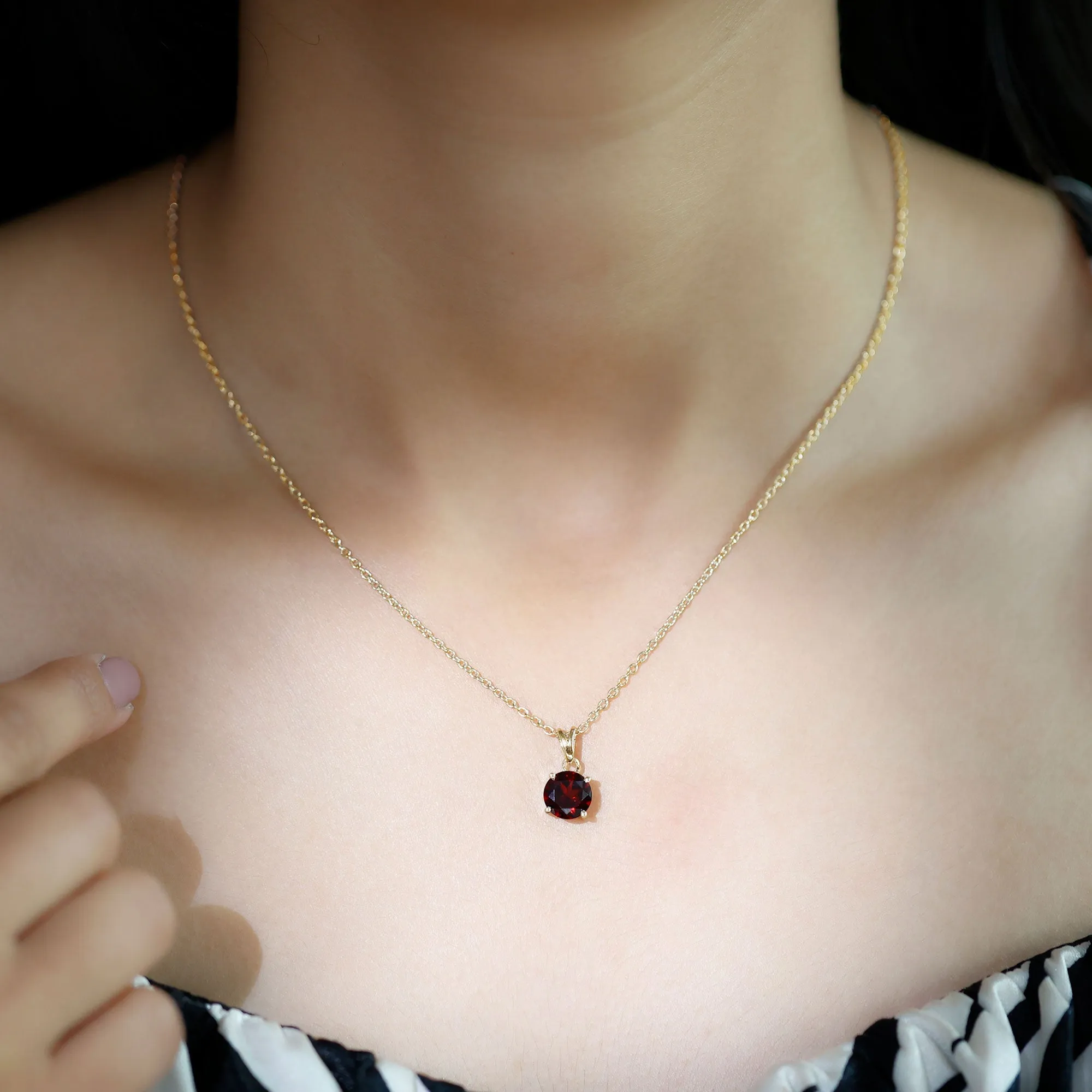 8 MM Round Cut Garnet Solitaire Pendant in Four Prong Setting with Rabbit Ear Bail