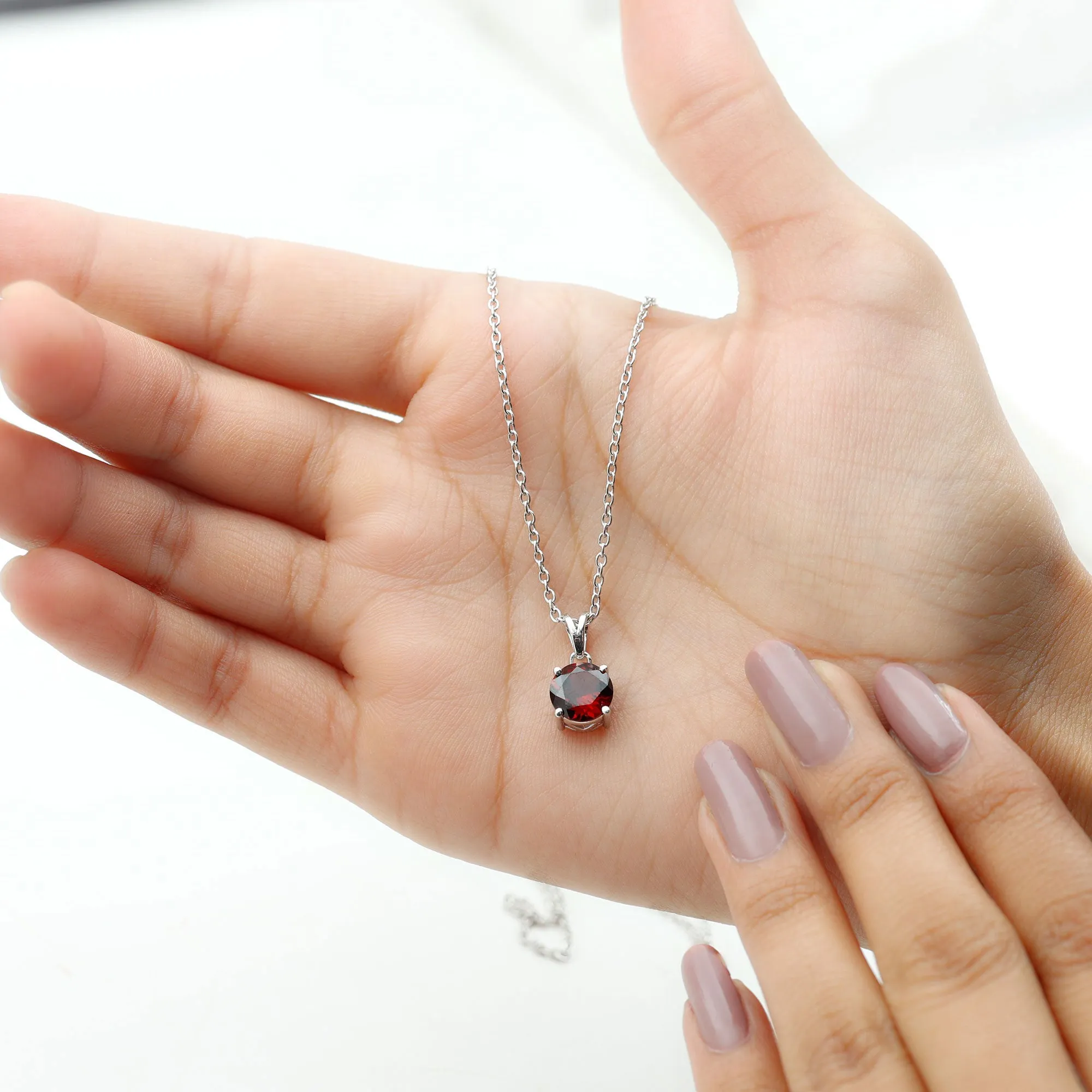 8 MM Round Cut Garnet Solitaire Pendant in Four Prong Setting with Rabbit Ear Bail