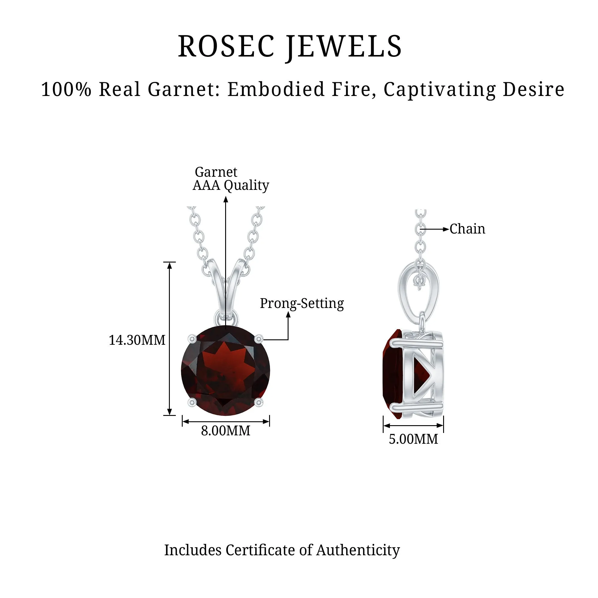 8 MM Round Cut Garnet Solitaire Pendant in Four Prong Setting with Rabbit Ear Bail