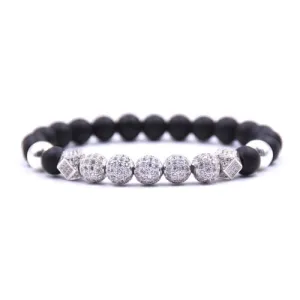 8MM Men-Women-Black-Matte-Agate-Onyx-Filled High Polish Finsh -Zircon-Disco-Ball-Beaded