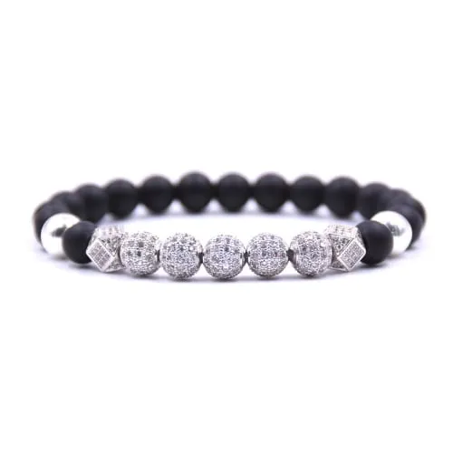 8MM Men-Women-Black-Matte-Agate-Onyx-Filled High Polish Finsh -Zircon-Disco-Ball-Beaded