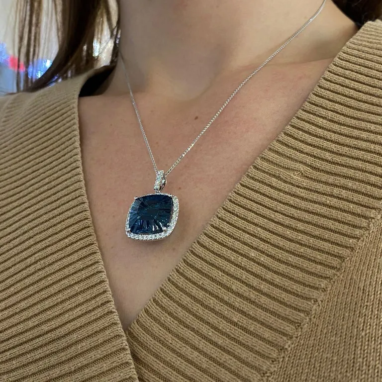 9 Carat Blue Topaz Diamond Halo Necklace