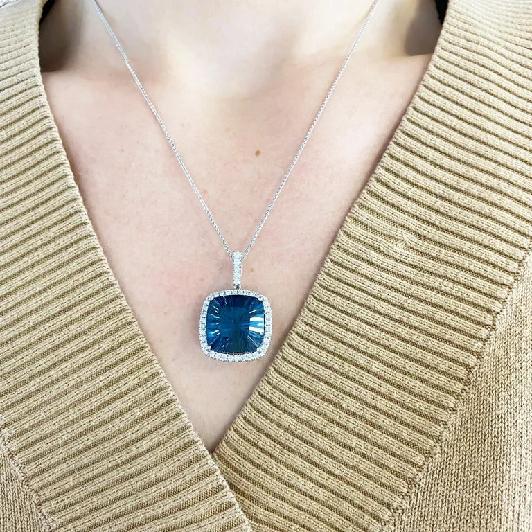 9 Carat Blue Topaz Diamond Halo Necklace