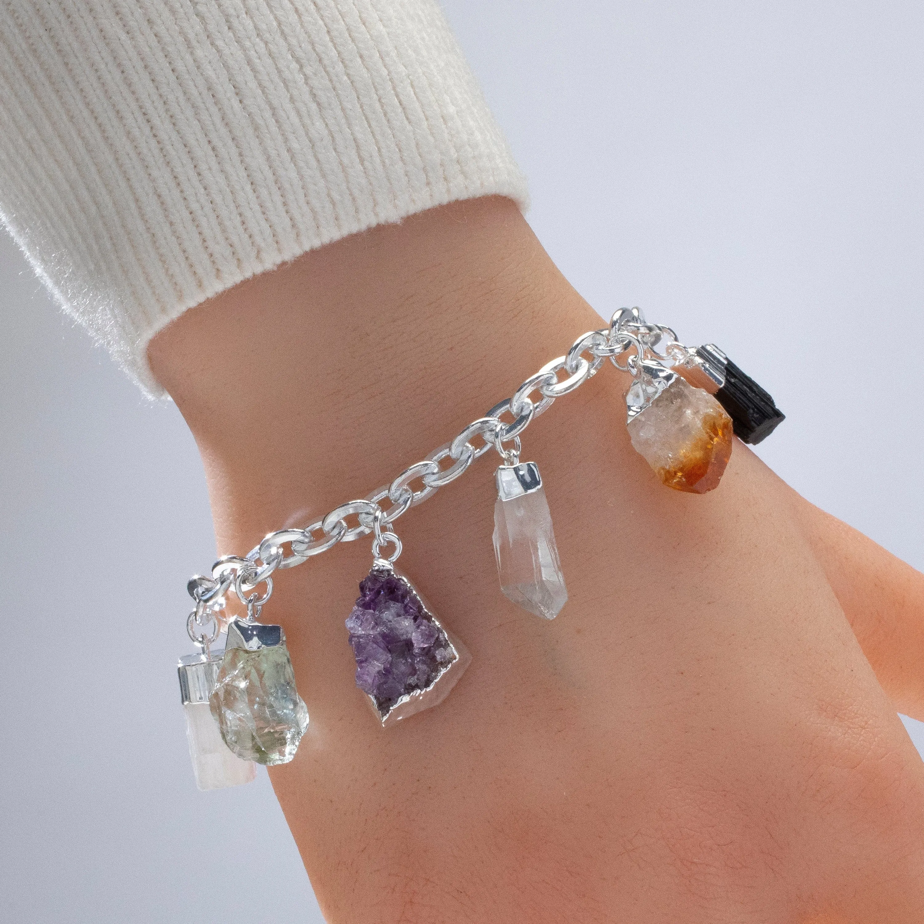 9 Stone Silver Tone Multi-Gem Charm Bracelet