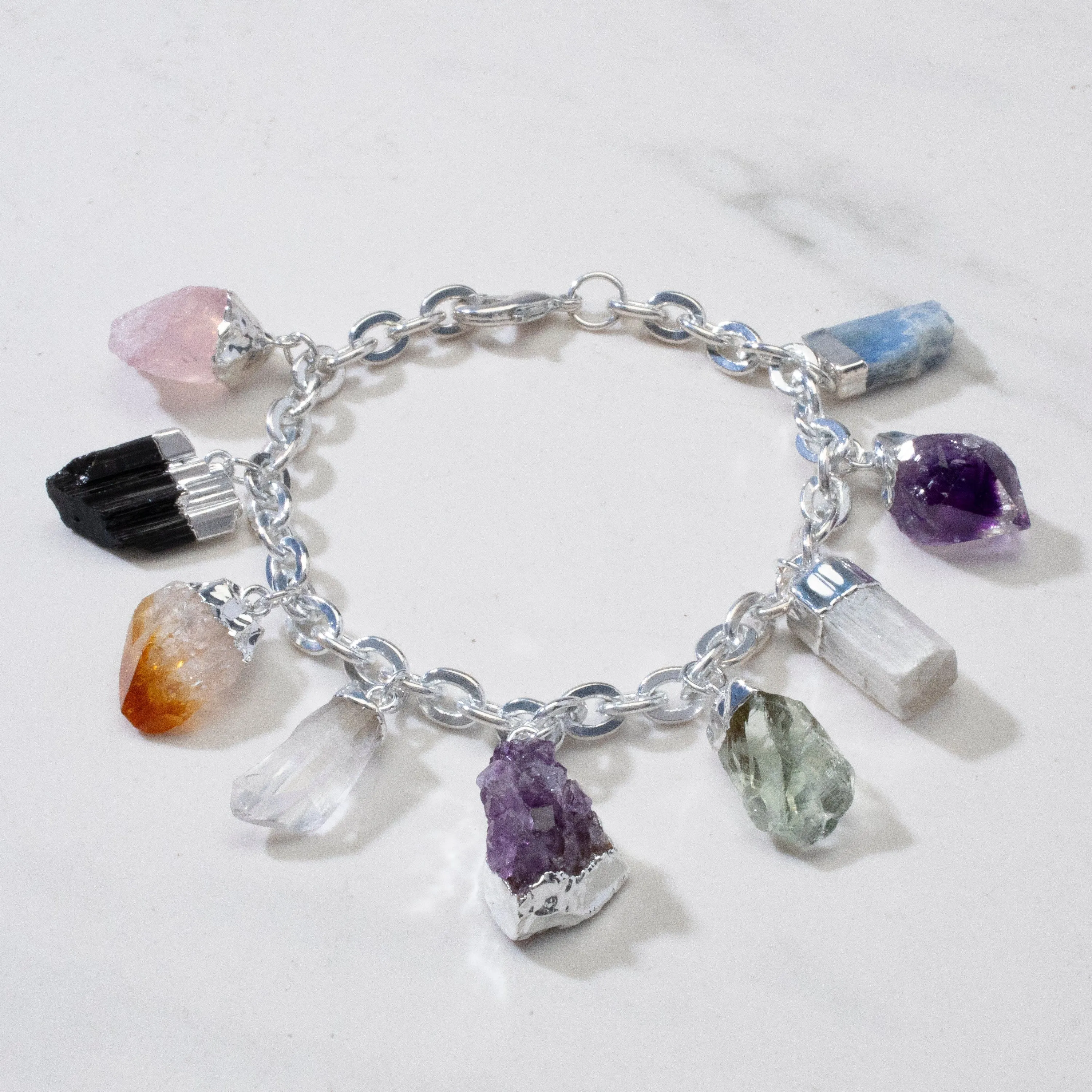 9 Stone Silver Tone Multi-Gem Charm Bracelet