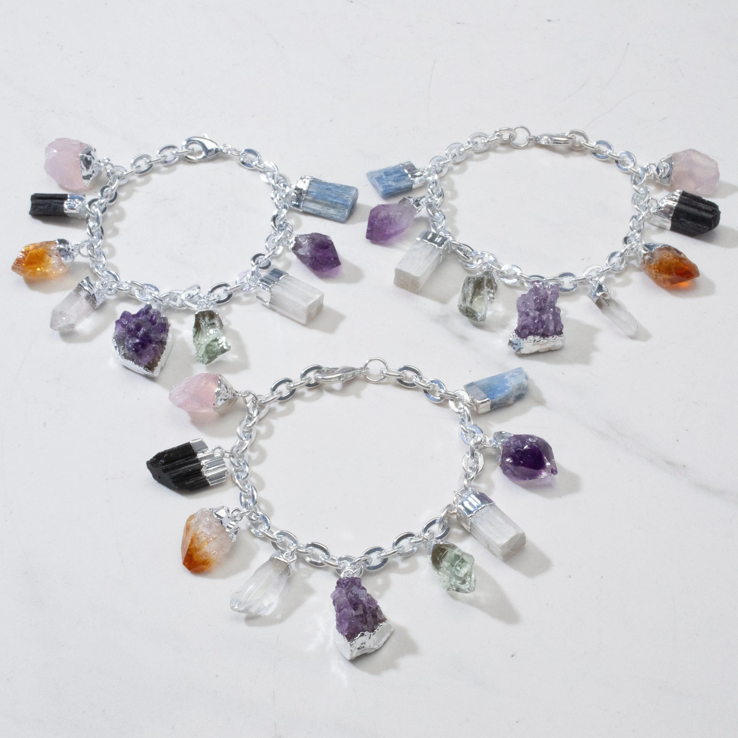 9 Stone Silver Tone Multi-Gem Charm Bracelet