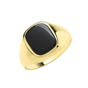 9ct Yellow Gold Mens Cush Black Onyx Plain Sides Signet Ring RN606