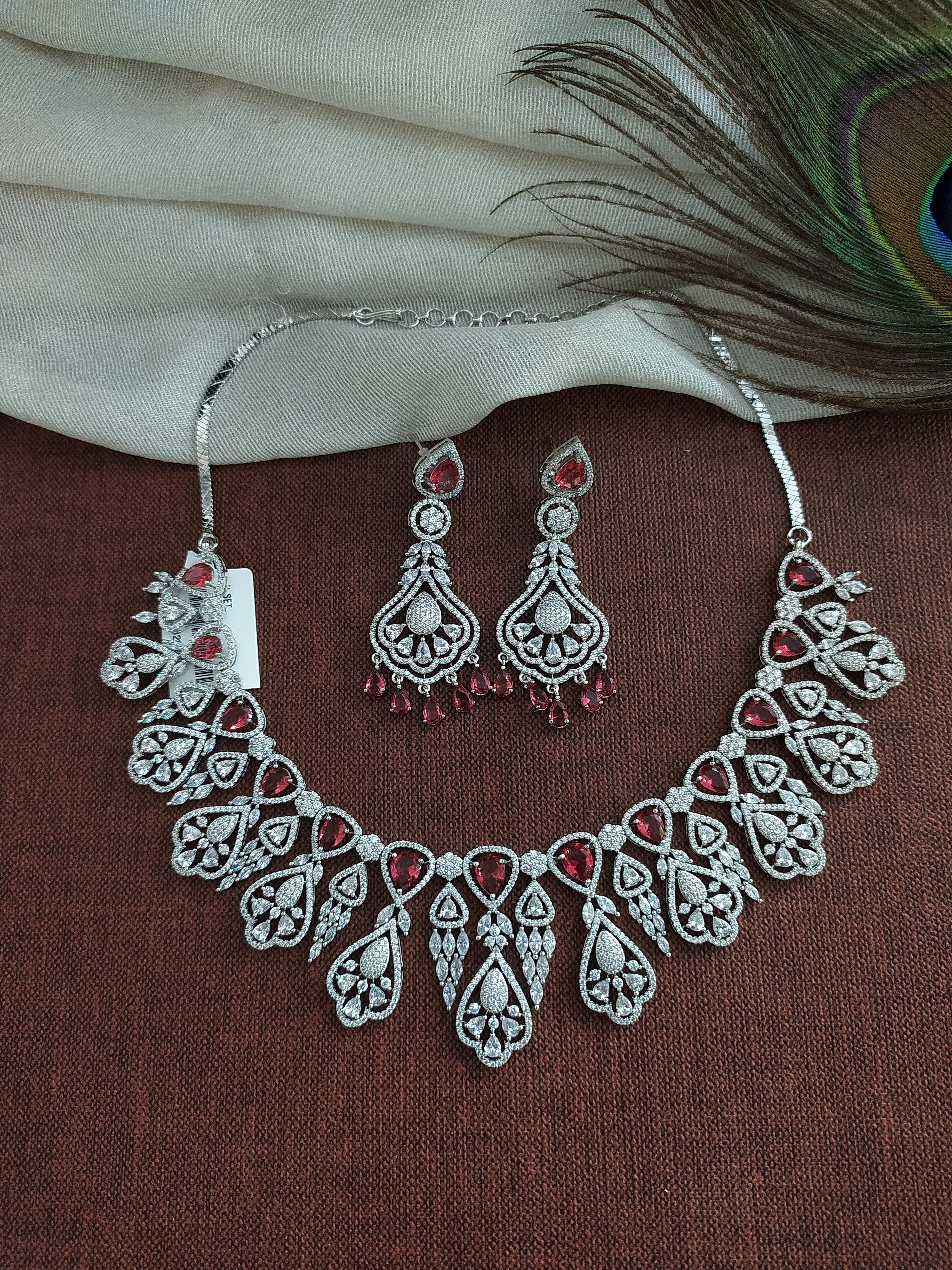 AD & Zircon Necklace Set In Ruby & Green Color