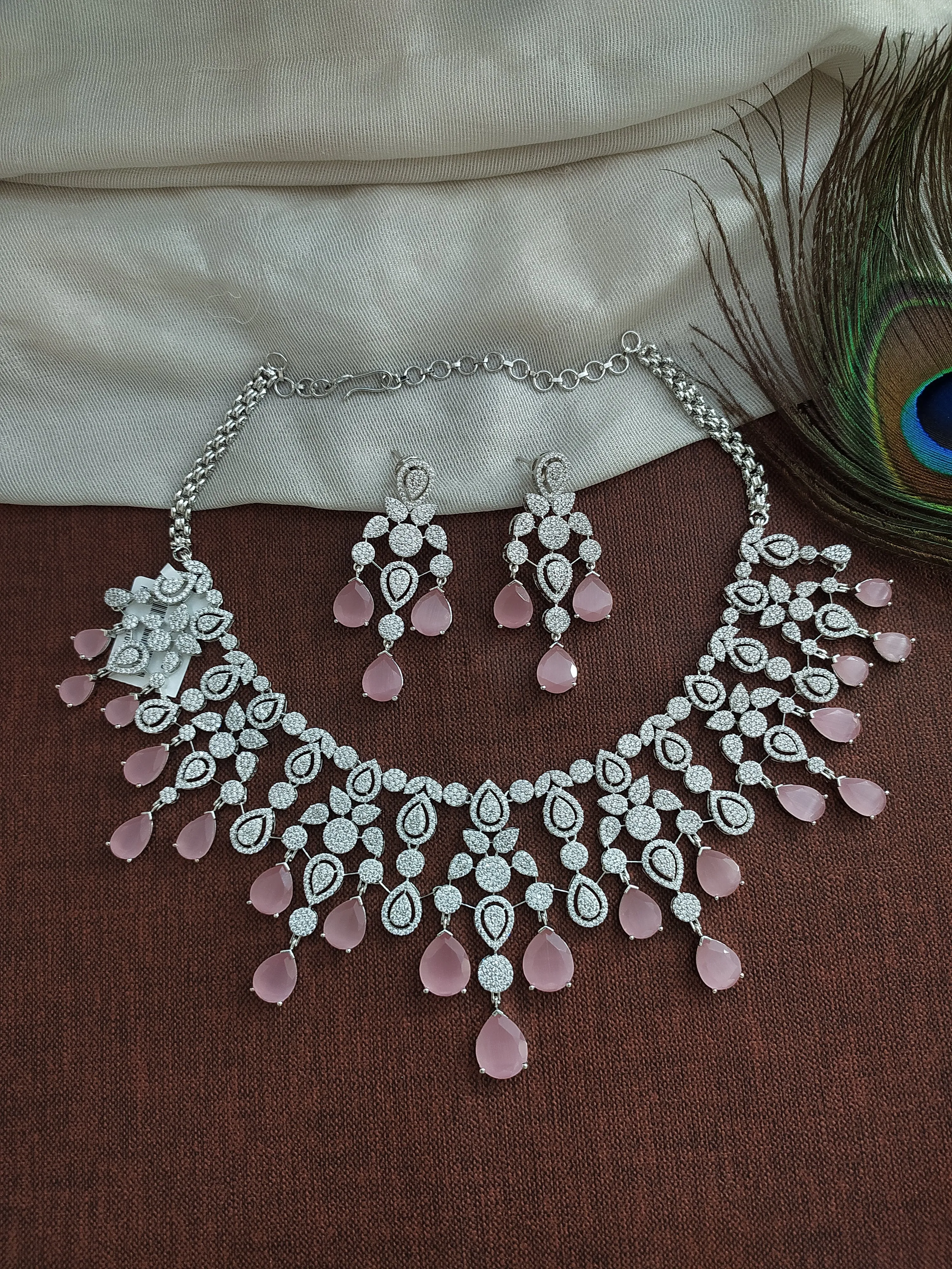Alluring Silver-plated (Rhodium) Zircon Necklace Set in Trending Colors