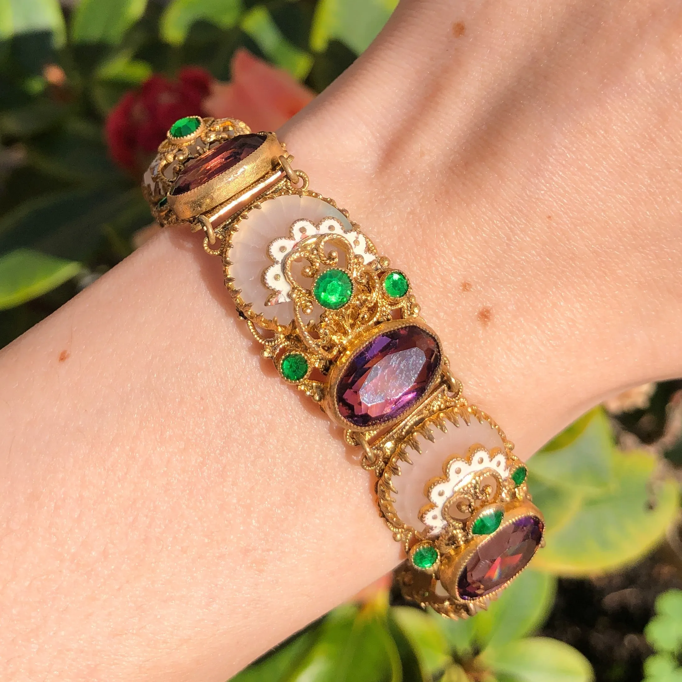 Antique Czechoslovakian Camphor Purple Glass Filigree Bracelet