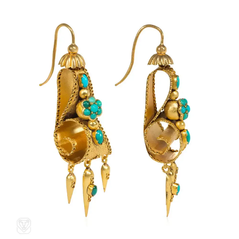 Antique gold and turquoise earrings of scrolling design