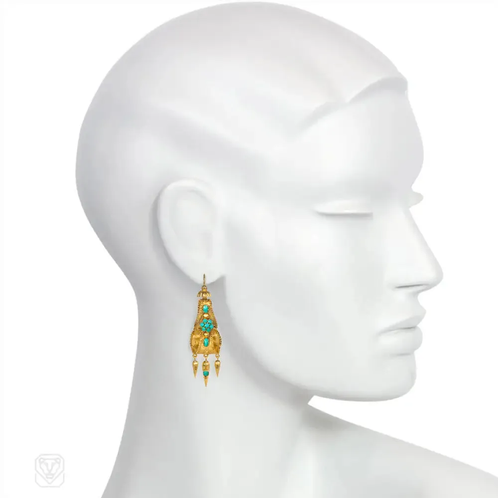 Antique gold and turquoise earrings of scrolling design