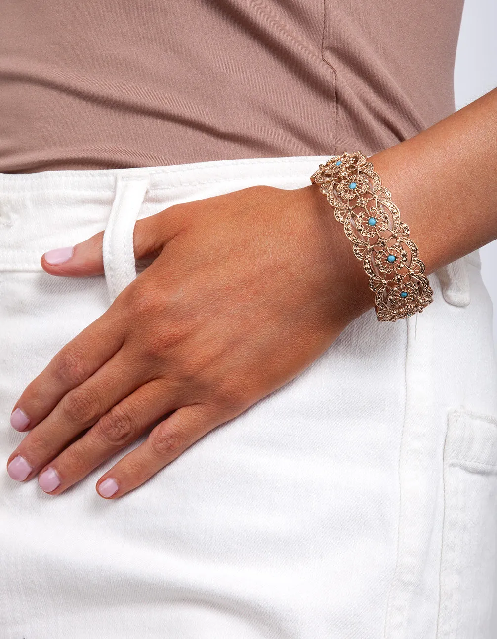 Antique Gold Teal Filigree Stretch Bracelet