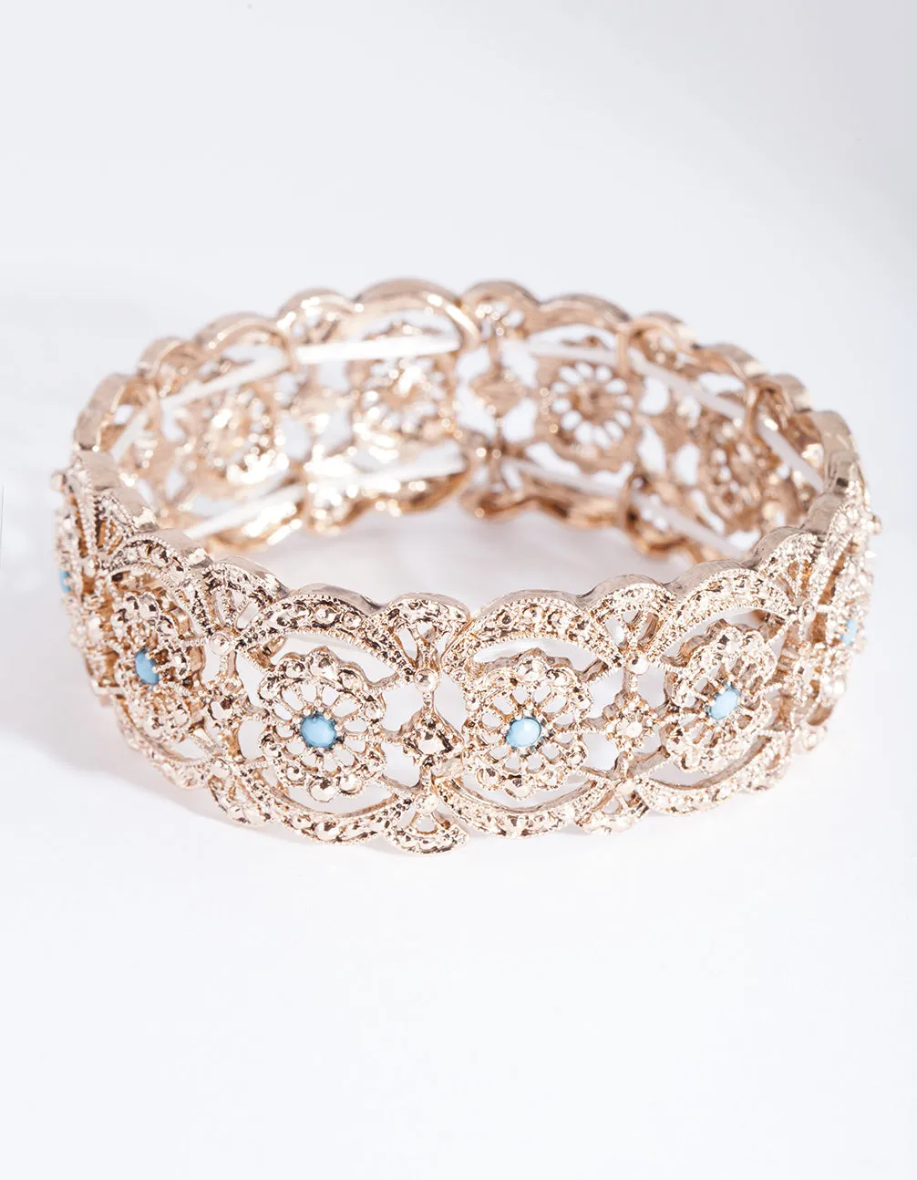 Antique Gold Teal Filigree Stretch Bracelet