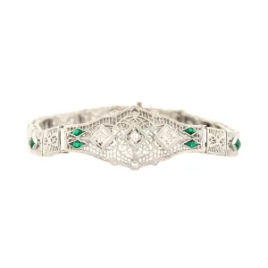 Art Deco 14k Diamond and Synthetic Emerald Filigree Belly Line Bracelet