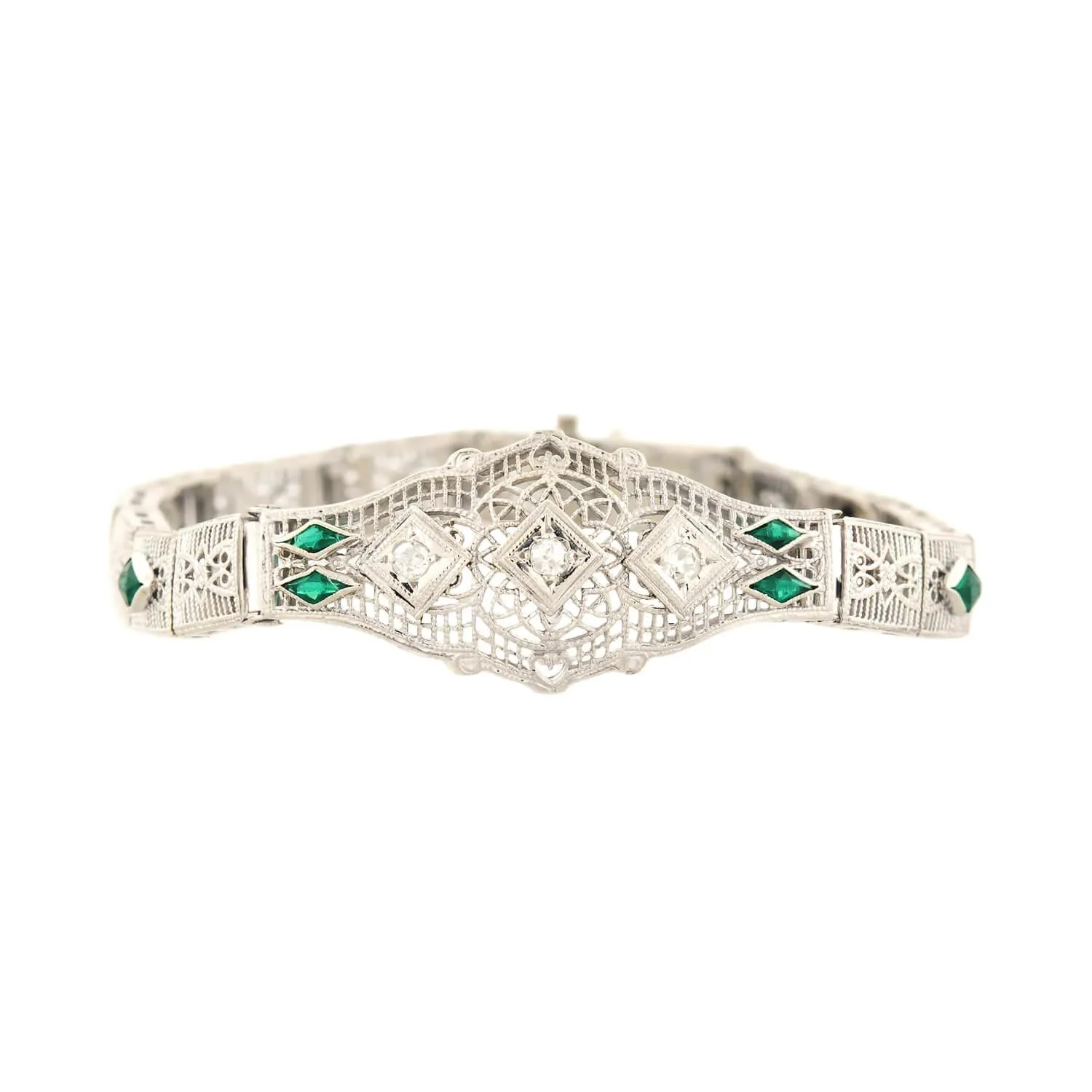 Art Deco 14k Diamond and Synthetic Emerald Filigree Belly Line Bracelet