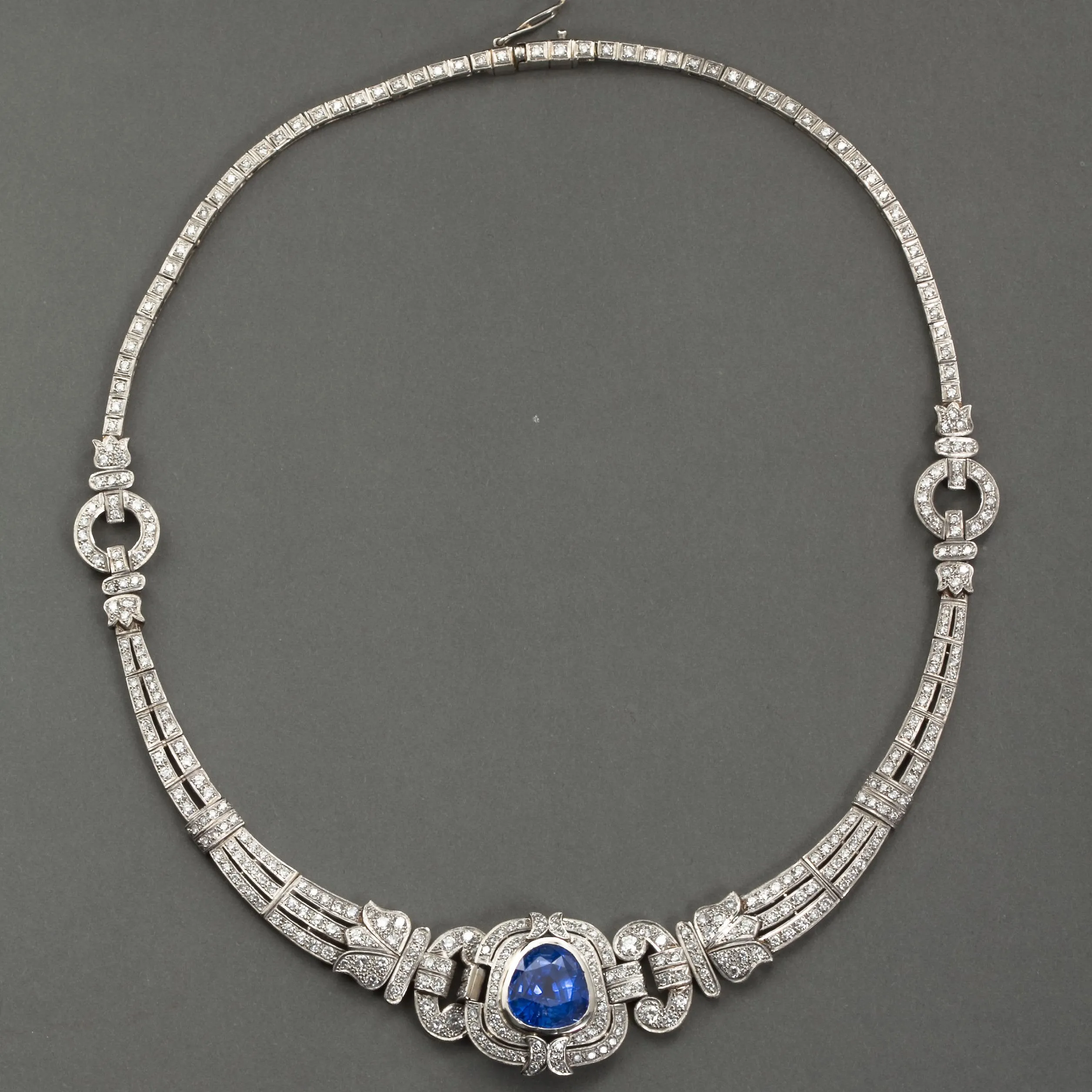 Art Deco Sapphire Diamond Platinum Necklace GIA Cert No Heat 15 Carat