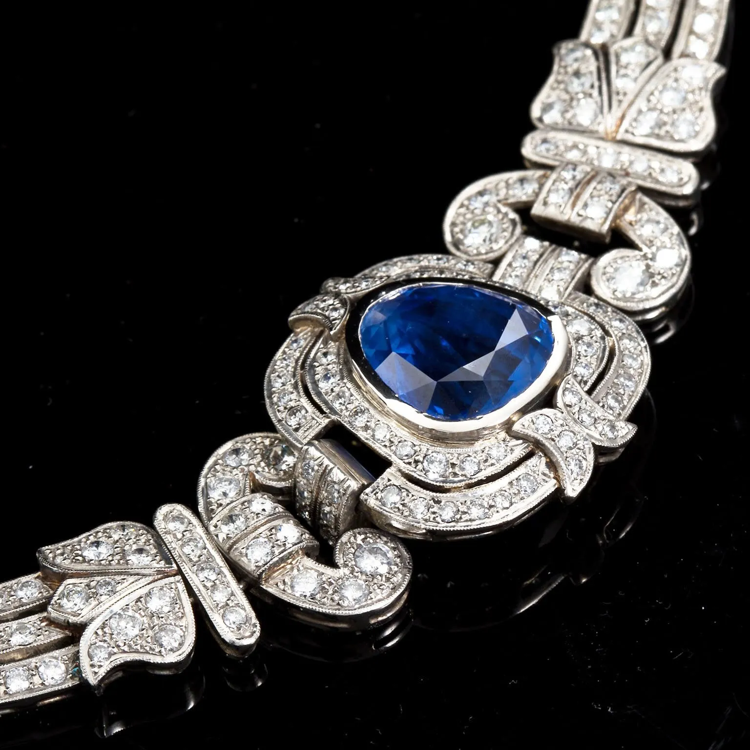 Art Deco Sapphire Diamond Platinum Necklace GIA Cert No Heat 15 Carat