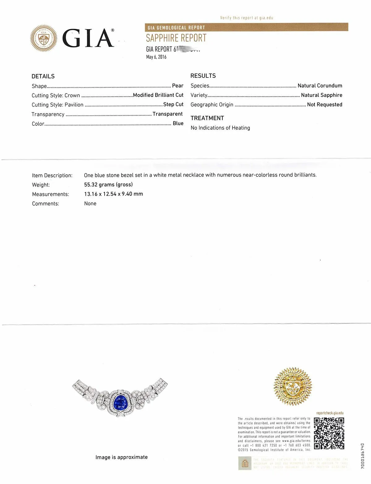 Art Deco Sapphire Diamond Platinum Necklace GIA Cert No Heat 15 Carat