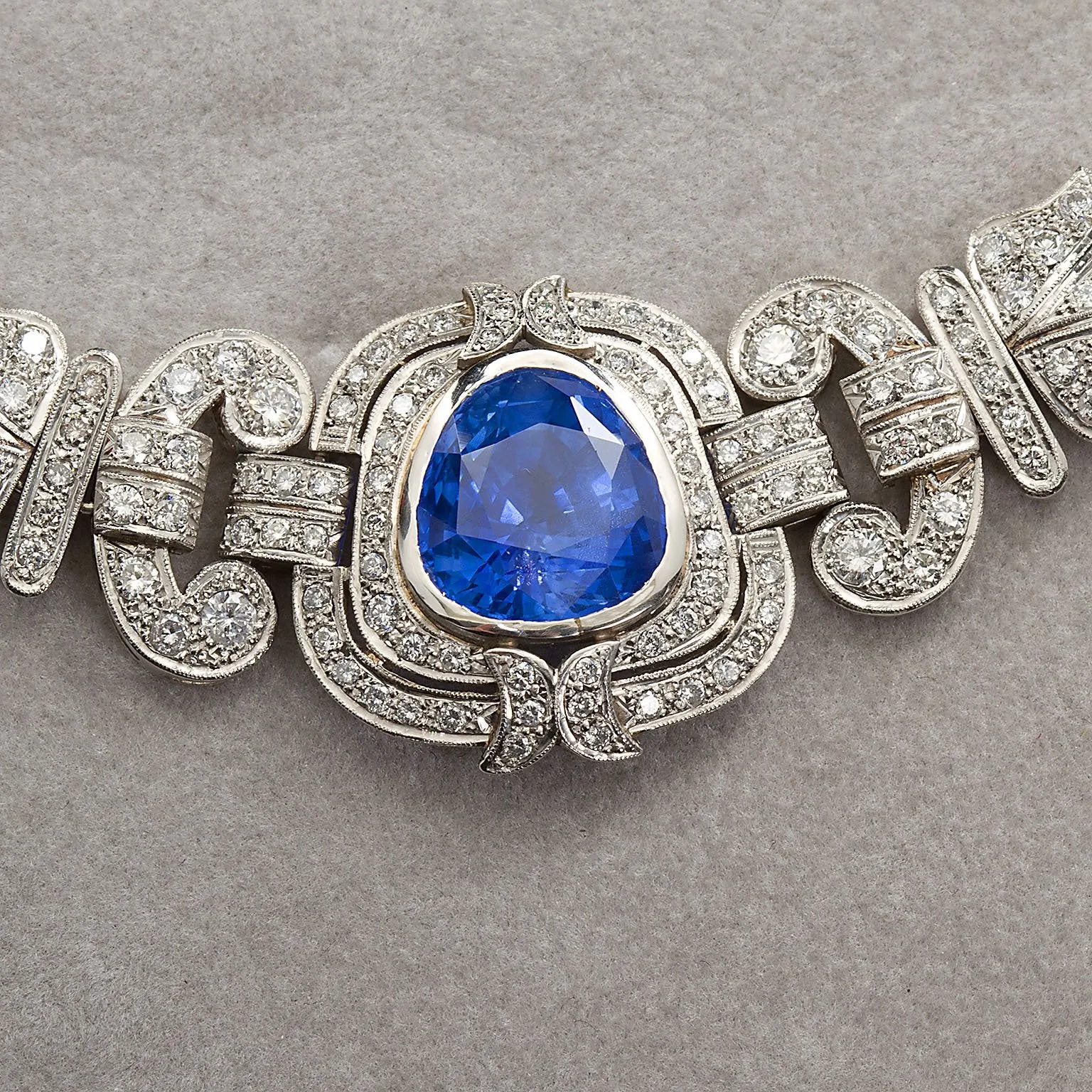 Art Deco Sapphire Diamond Platinum Necklace GIA Cert No Heat 15 Carat