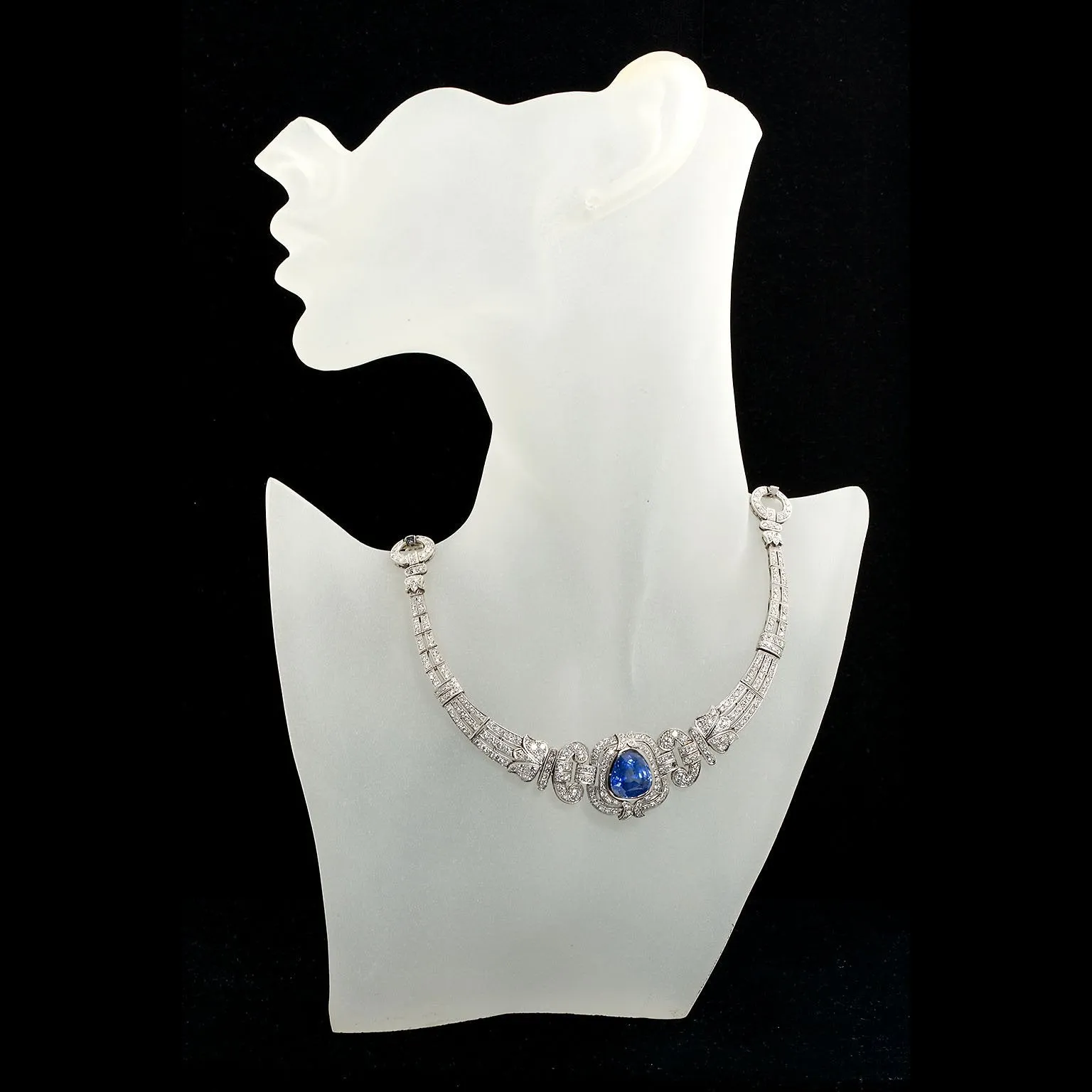 Art Deco Sapphire Diamond Platinum Necklace GIA Cert No Heat 15 Carat