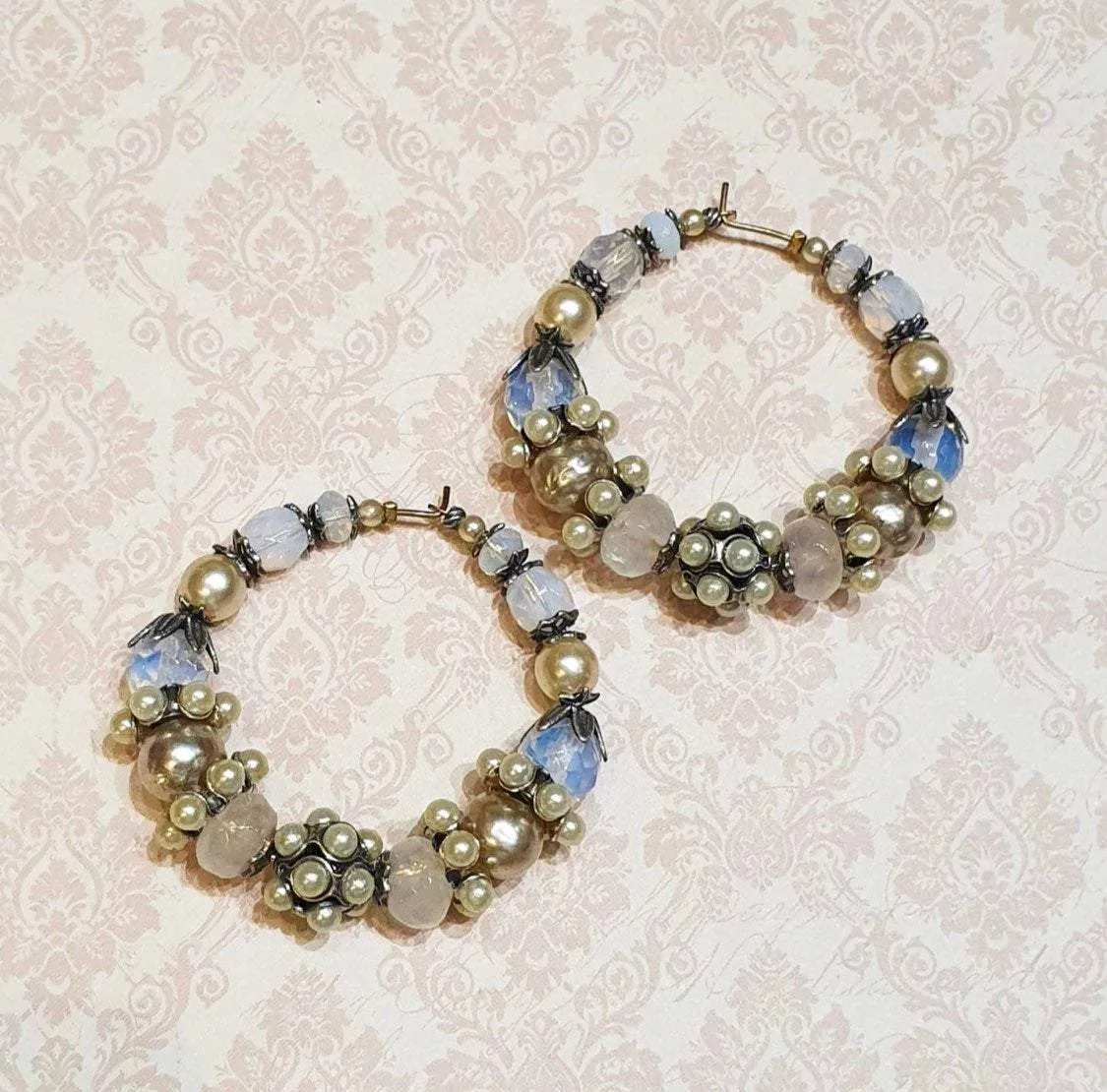 Askew London Pearl and moonstone Glass Hoop Beaded Earrings Unsigned