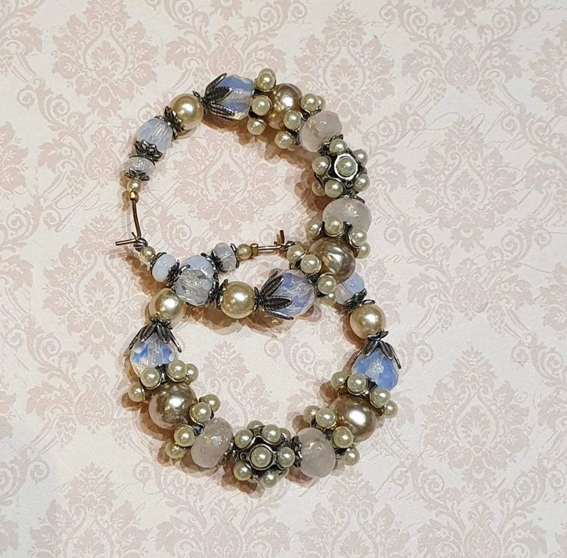 Askew London Pearl and moonstone Glass Hoop Beaded Earrings Unsigned